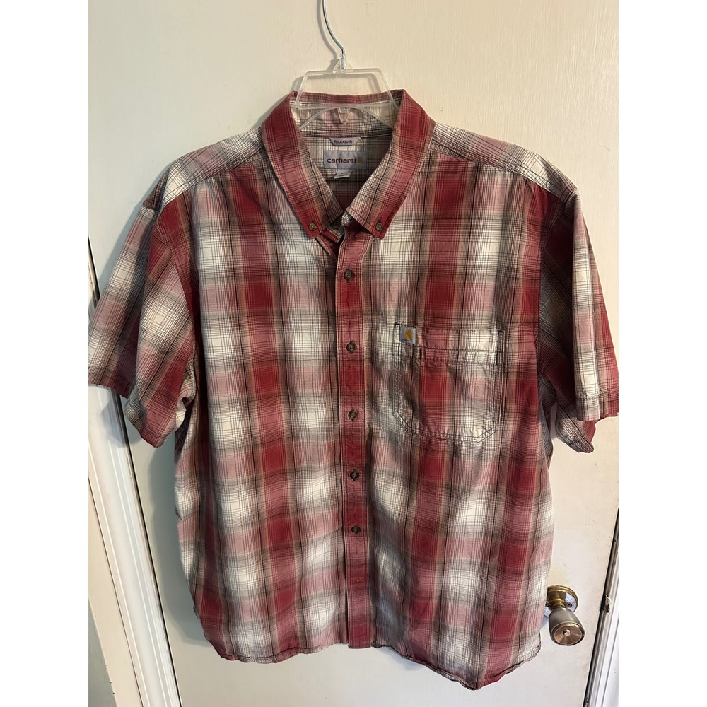 Carhartt Mens Relaxed Fit Short Sleeve Plaid Button Down Shirt Red 2XL 100139